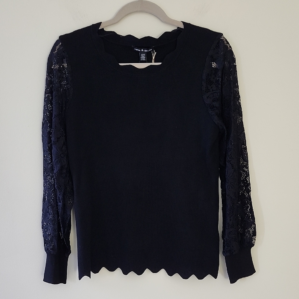 Cable & Gauge Black Knit Top w/Long Lace Sleeves Size Small
